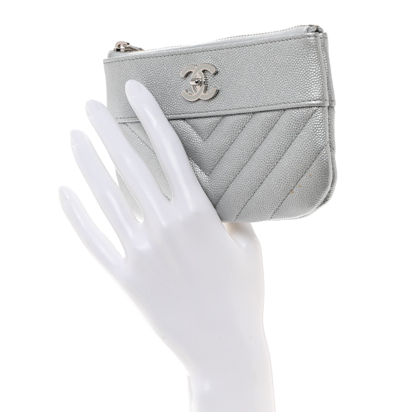 Metallic Caviar Chevron Quilted Small Vintage Mademoiselle Cosmetic Case Silver