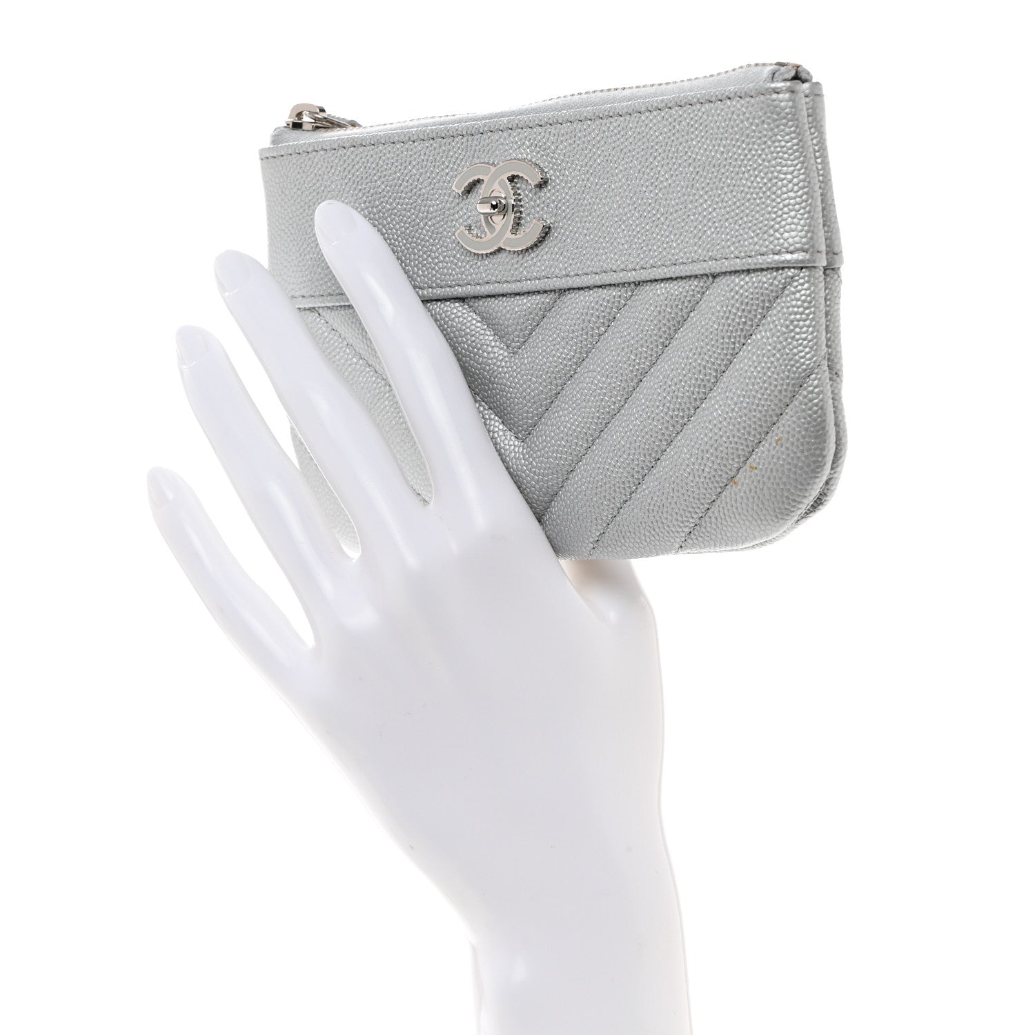 Chanel Metallic Caviar Chevron Quilted Small Vintage Mademoiselle Cosmetic Case Silver 2 of 9