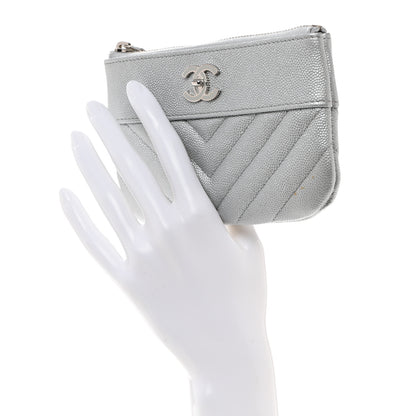 Chanel Metallic Caviar Chevron Quilted Small Vintage Mademoiselle Cosmetic Case Silver 2 of 9