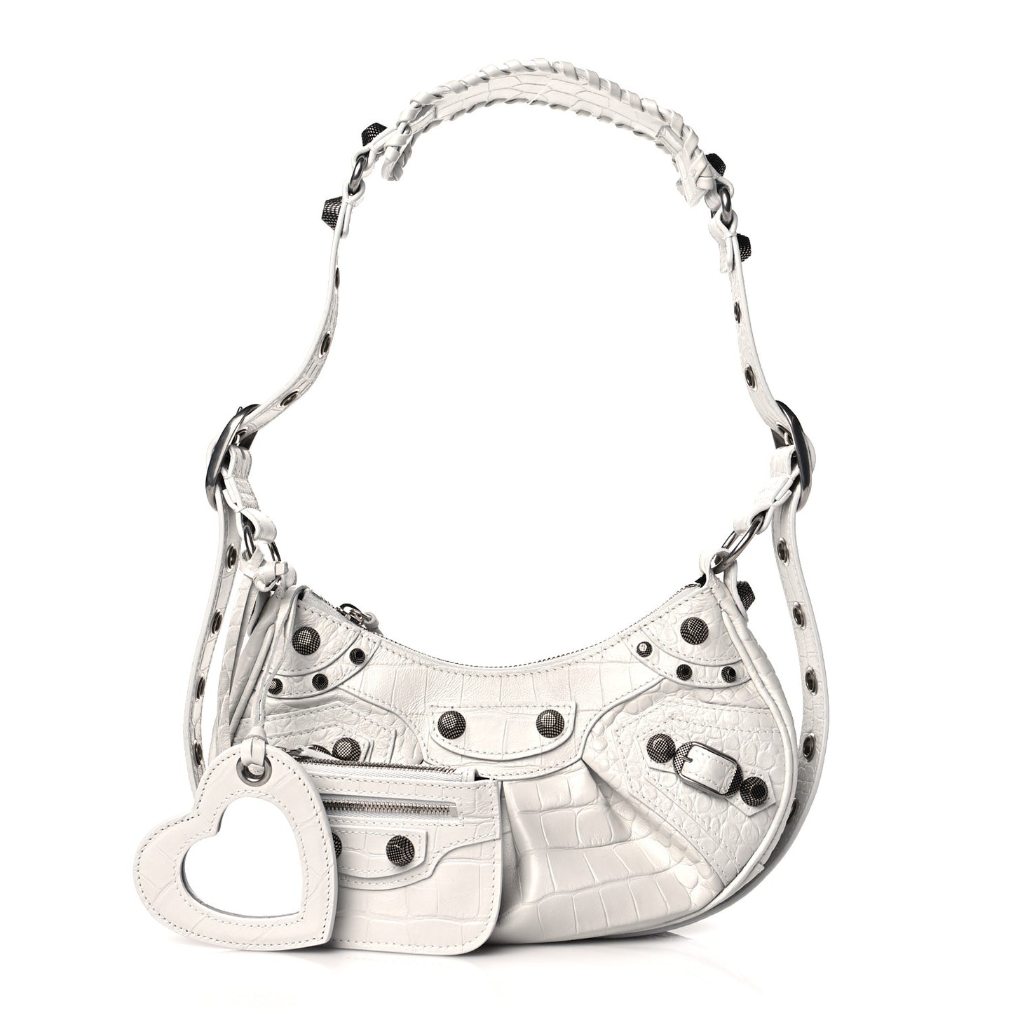 Extra Supple Calfskin Crocodile Embossed Le Cagole Shoulder Bag XS White