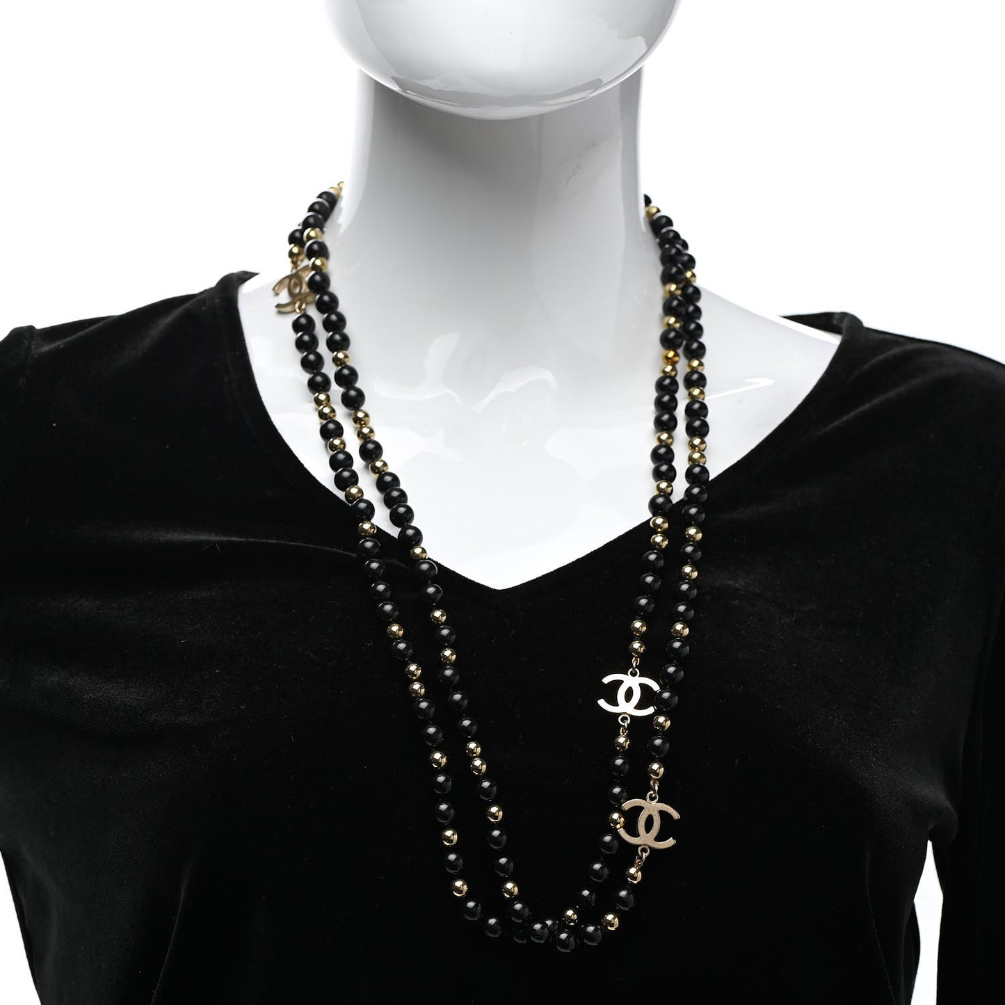 Beaded CC Long Necklace Black Gold