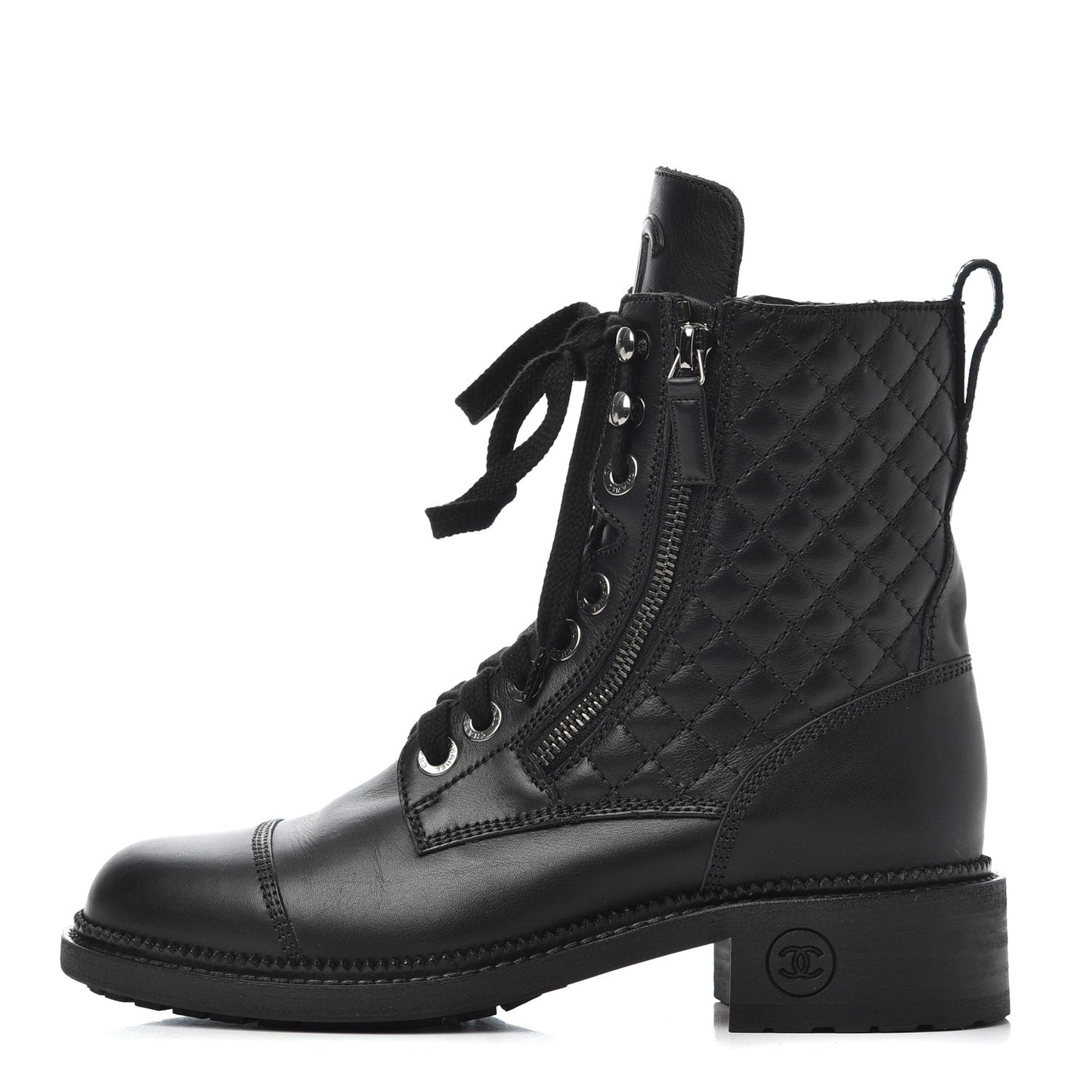 Calfskin Quilted Lace Up Combat Boots 37 Black