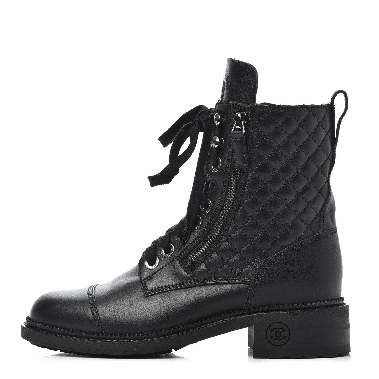 Chanel Calfskin Quilted Lace Up Combat Boots 37 Black 1 of 19