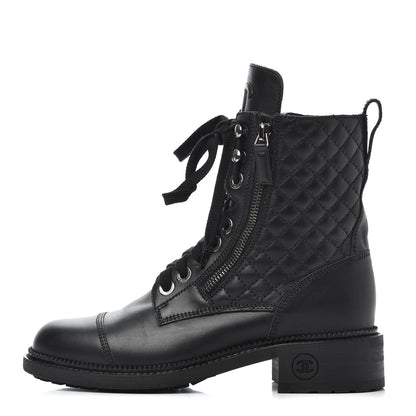 Chanel Calfskin Quilted Lace Up Combat Boots 37 Black 1 of 19