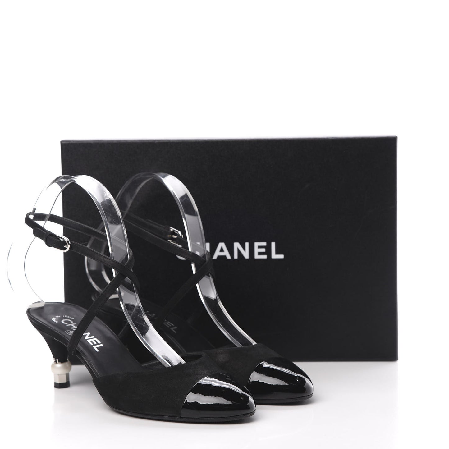 Suede Patent Calfskin Cap Toe Pearl Ankle Strap Pump 38 Black