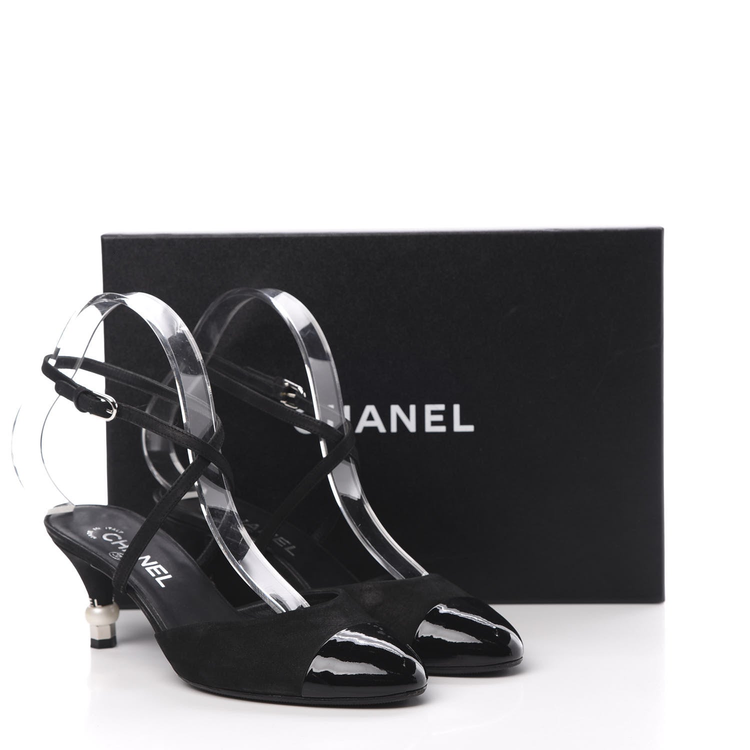 Chanel Suede Patent Calfskin Cap Toe Pearl Ankle Strap Pump 38 Black 11 of 11
