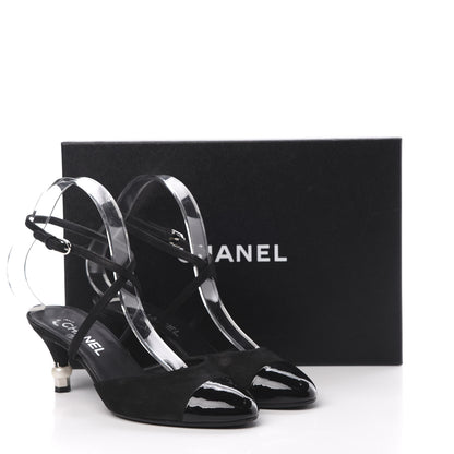 Chanel Suede Patent Calfskin Cap Toe Pearl Ankle Strap Pump 38 Black 11 of 11