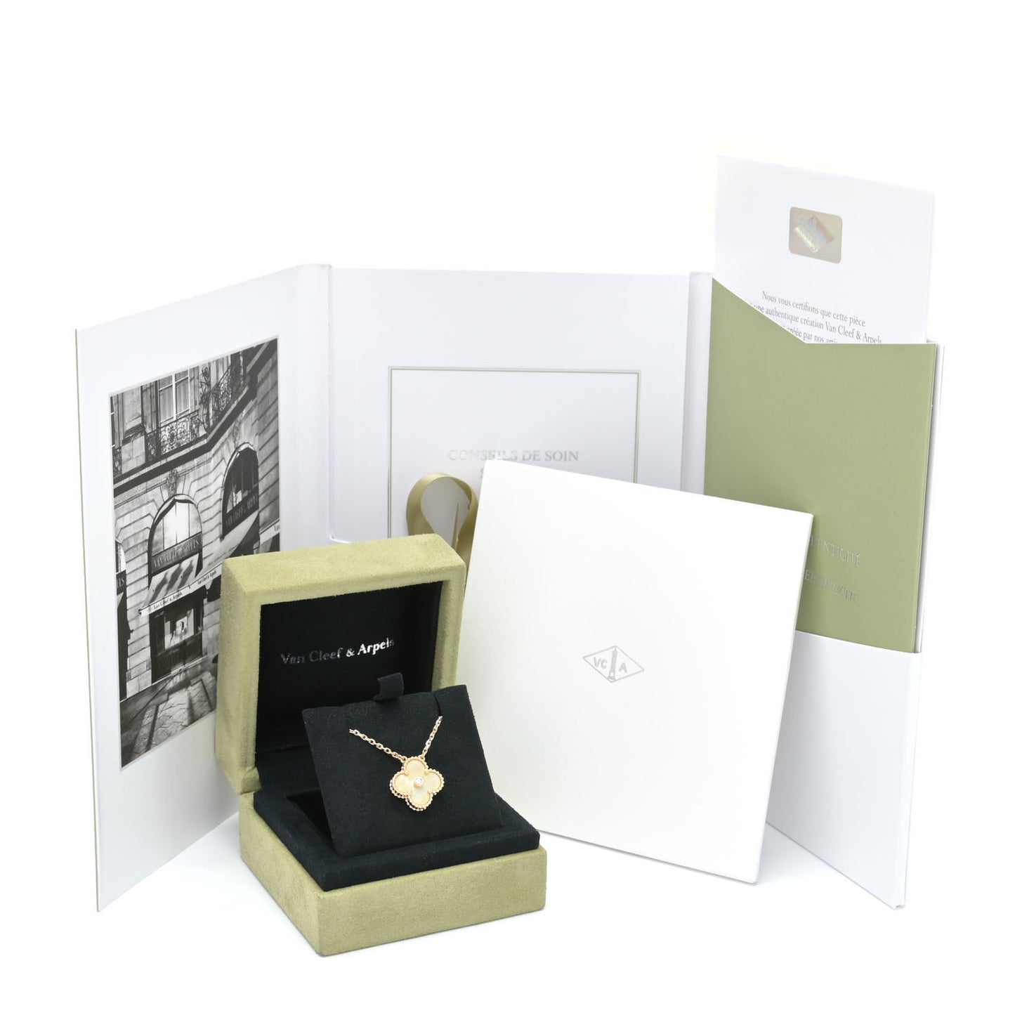 18K Yellow Gold Diamond Yellow Mother of Pearl Vintage Alhambra Pendant Necklace