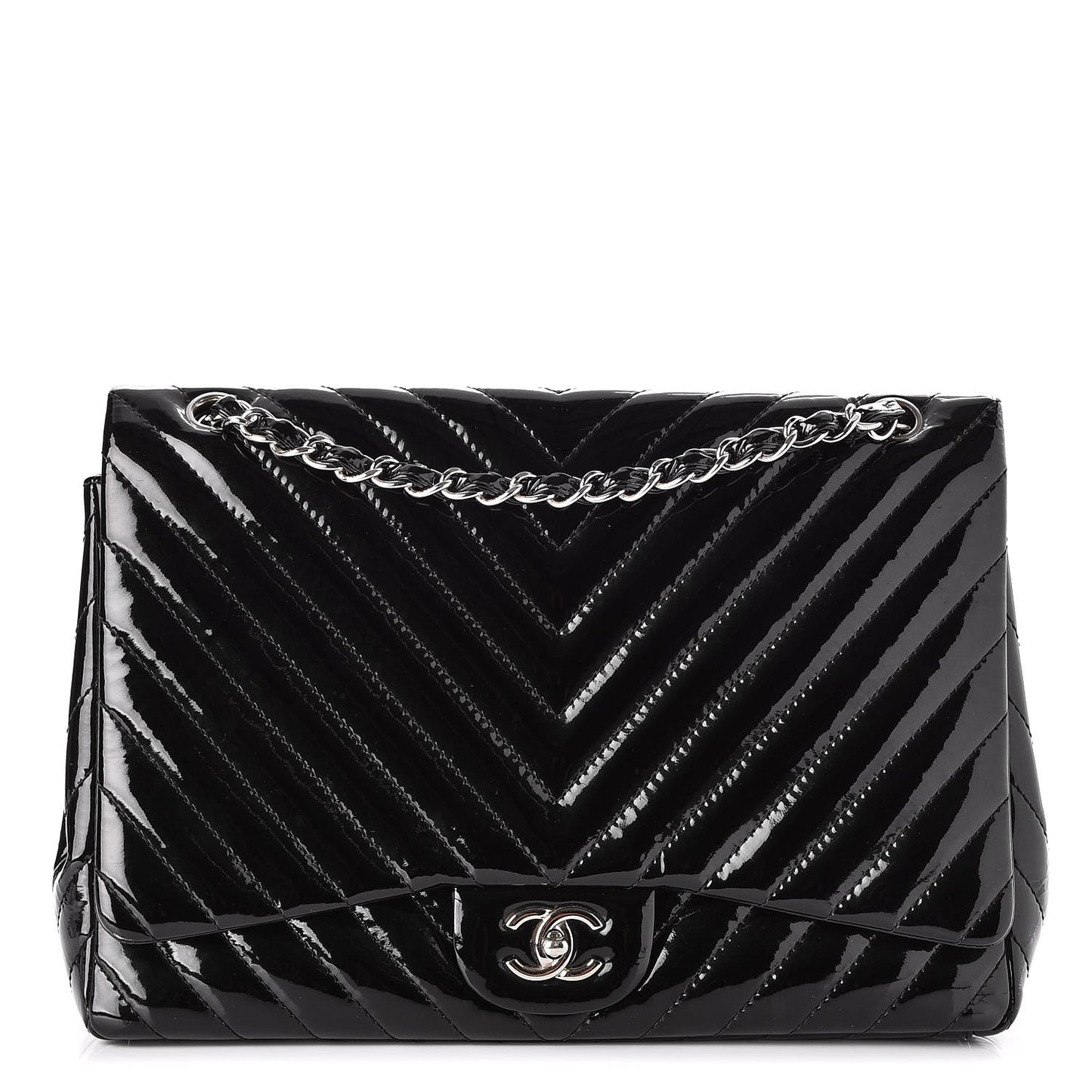 Patent Chevron Quilted Maxi Single Flap Black