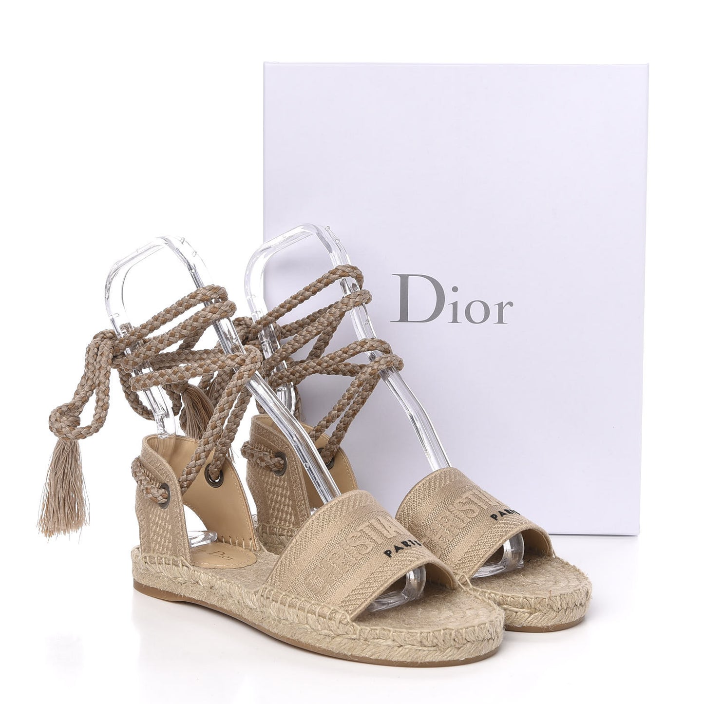 Canvas Embroidered Granville Ankle Tie Espadrille Flat Sandals 37.5 Cream