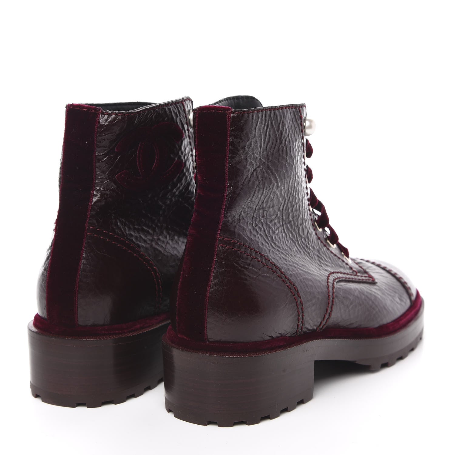 Chanel Calfskin Velvet Pearl Combat Short Boots 38 Burgundy 4 of 8
