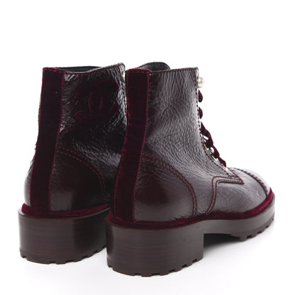 Chanel Calfskin Velvet Pearl Combat Short Boots 38 Burgundy 4 of 8