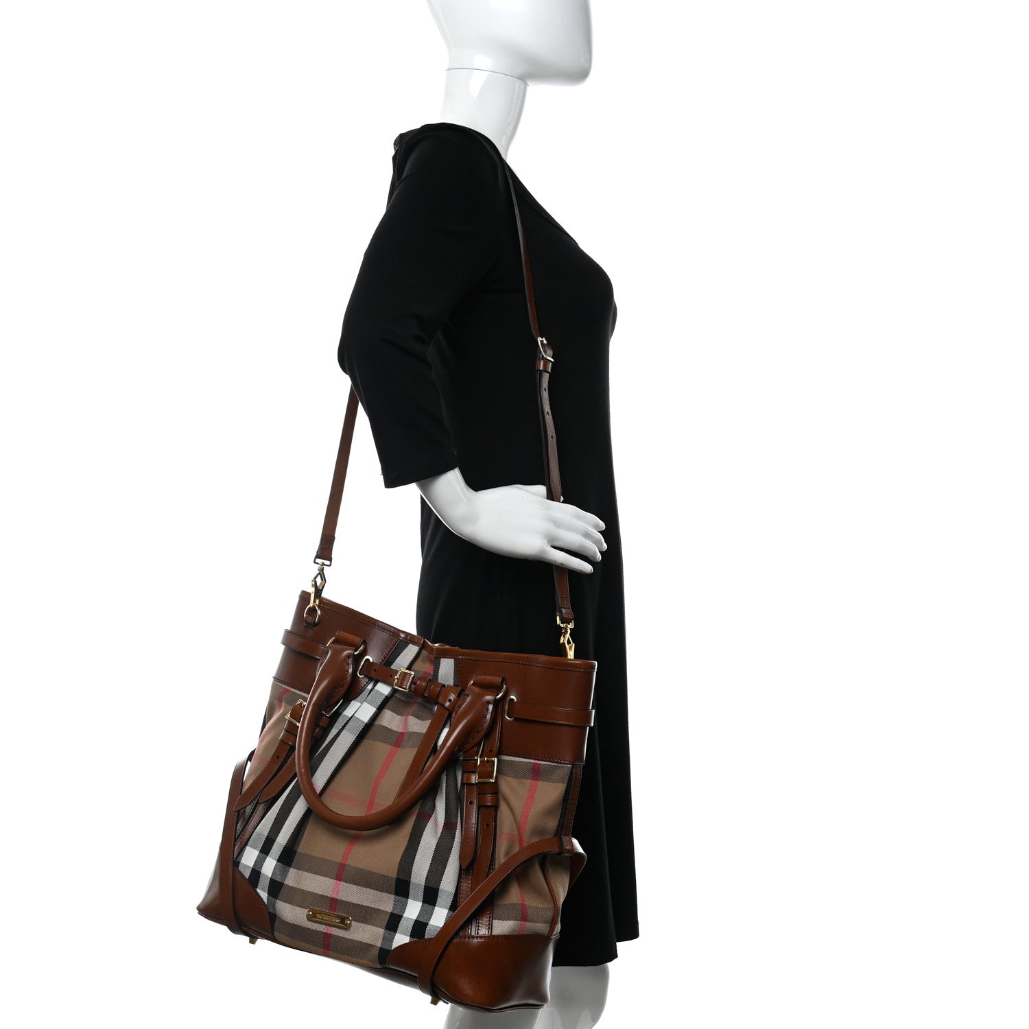 Burberry Bridle Calfskin House Check Medium Whipstitch Tote Dark Tan 2 of 16