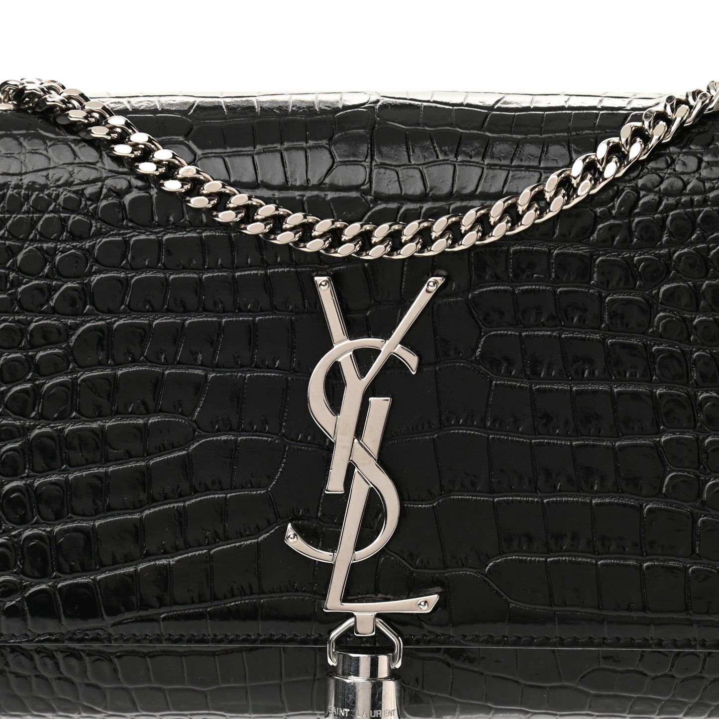 Calfskin Crocodile Embossed Small Classic Monogram Kate Tassel Satchel Black