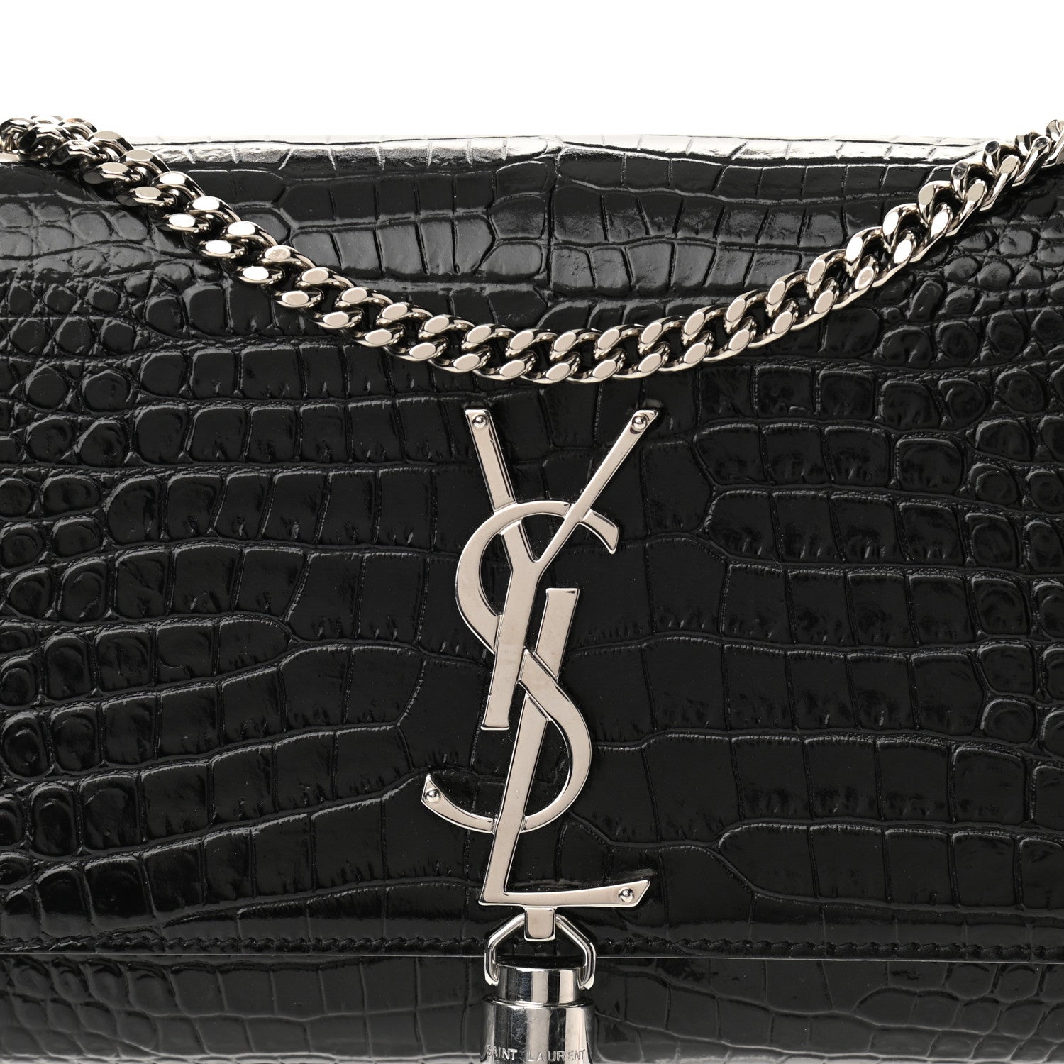 Saint Laurent Calfskin Crocodile Embossed Small Classic Monogram Kate Tassel Satchel Black 7 of 9