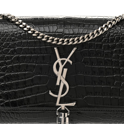 Saint Laurent Calfskin Crocodile Embossed Small Classic Monogram Kate Tassel Satchel Black 7 of 9