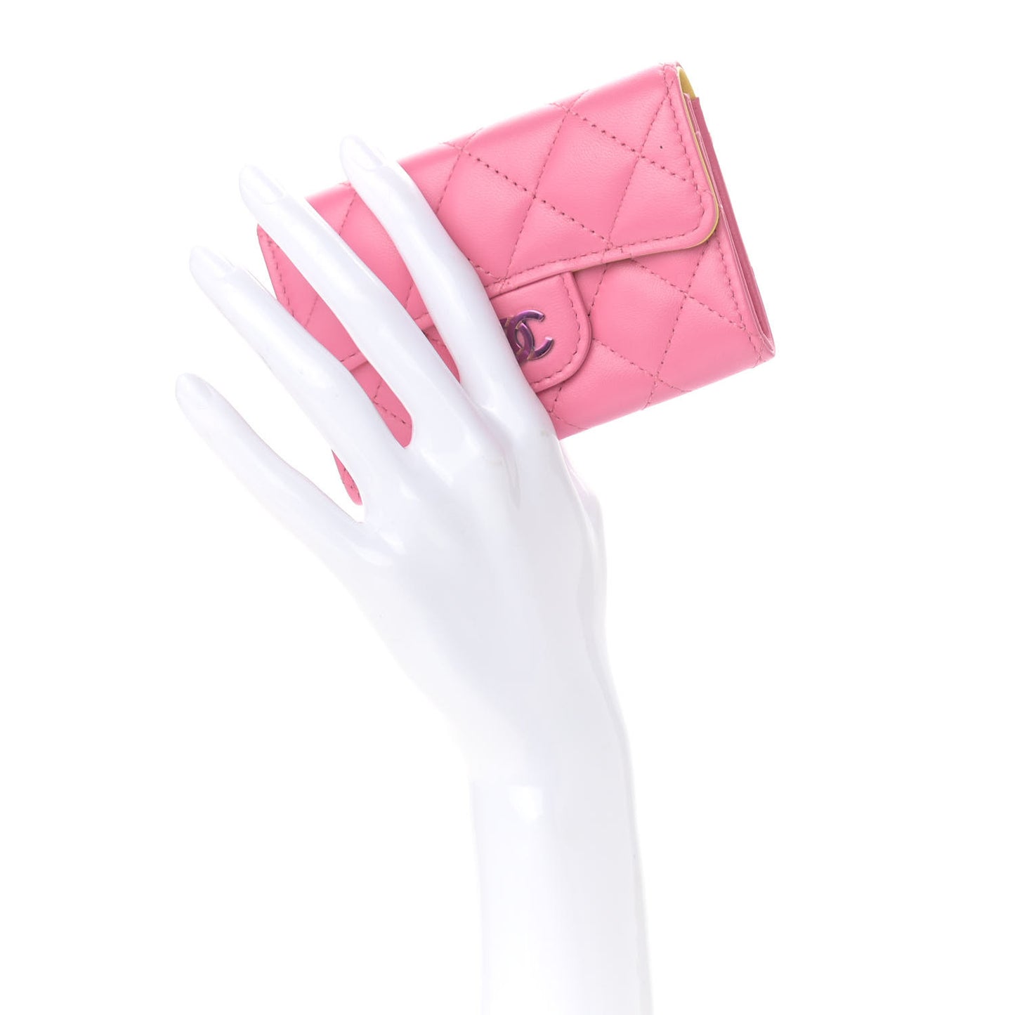 Lambskin Quilted Flap Card Holder Wallet Pink Yellow