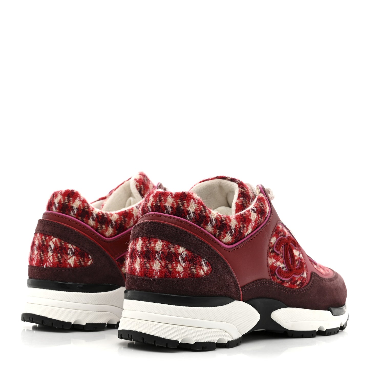 Wool Tweed Suede Calfskin Womens CC Sneakers 36 Red White Dark Brown Burgundy