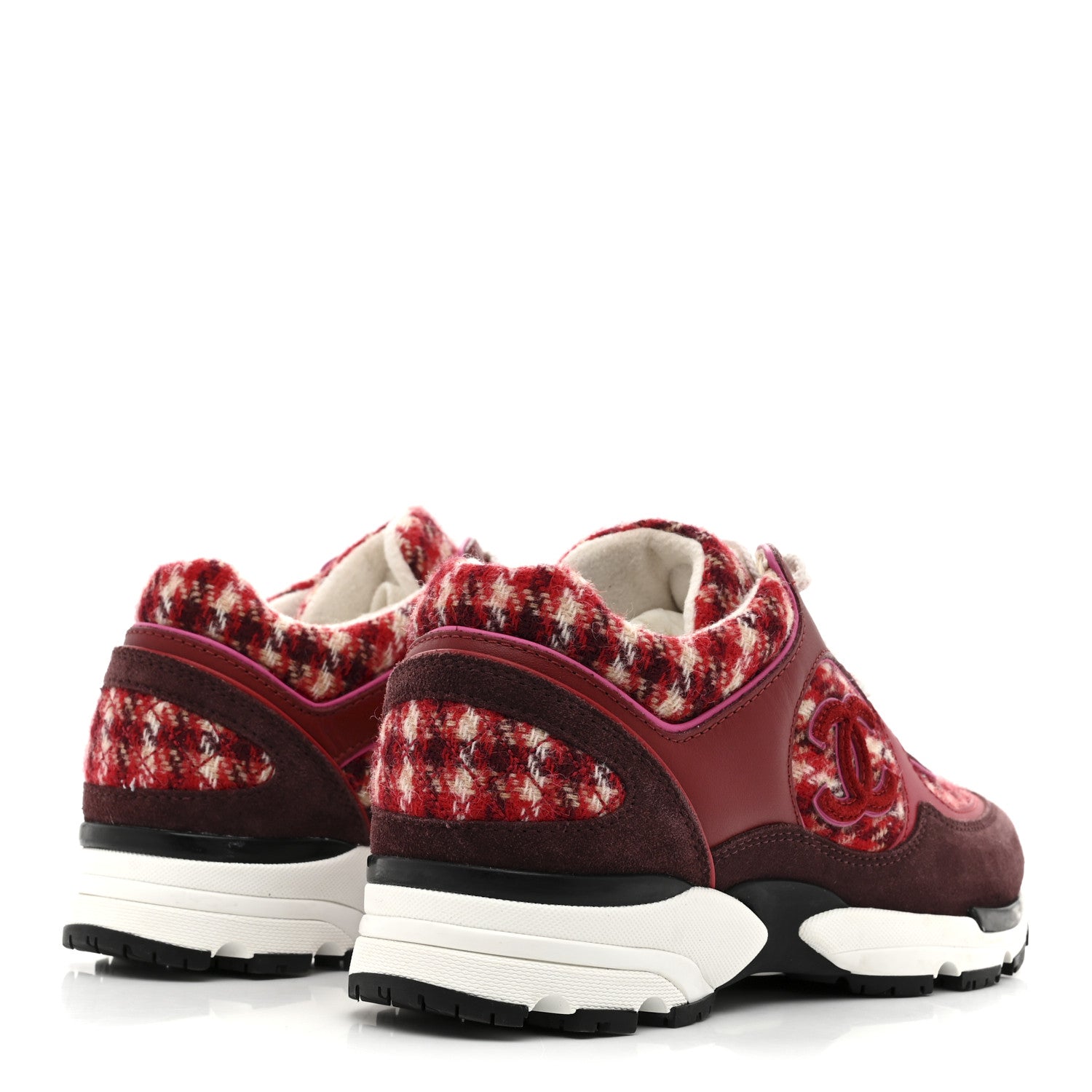 Chanel Wool Tweed Suede Calfskin Womens CC Sneakers 36 Red White Dark Brown Burgundy 5 of 10