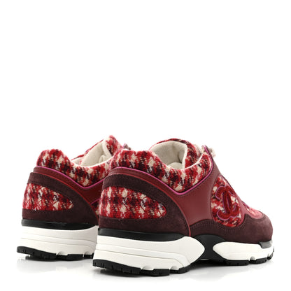 Chanel Wool Tweed Suede Calfskin Womens CC Sneakers 36 Red White Dark Brown Burgundy 5 of 10