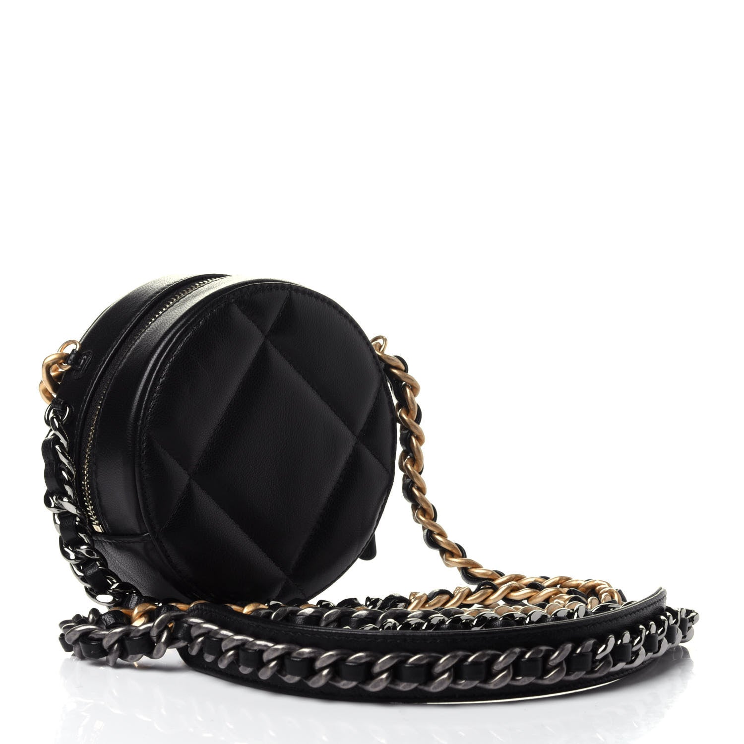 Chanel Shiny Goatskin Quilted Chanel 19 Round Clutch With Chain Black 2 of 4