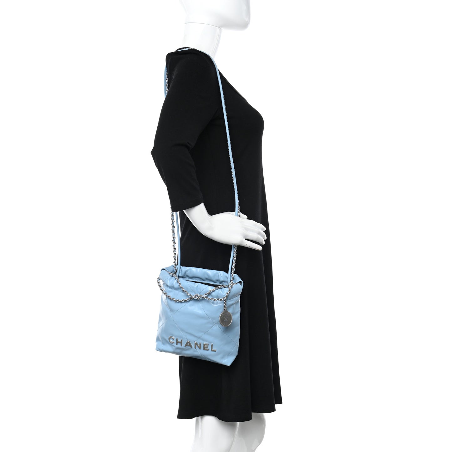Shiny Calfskin Quilted Mini Chanel 22 Light Blue