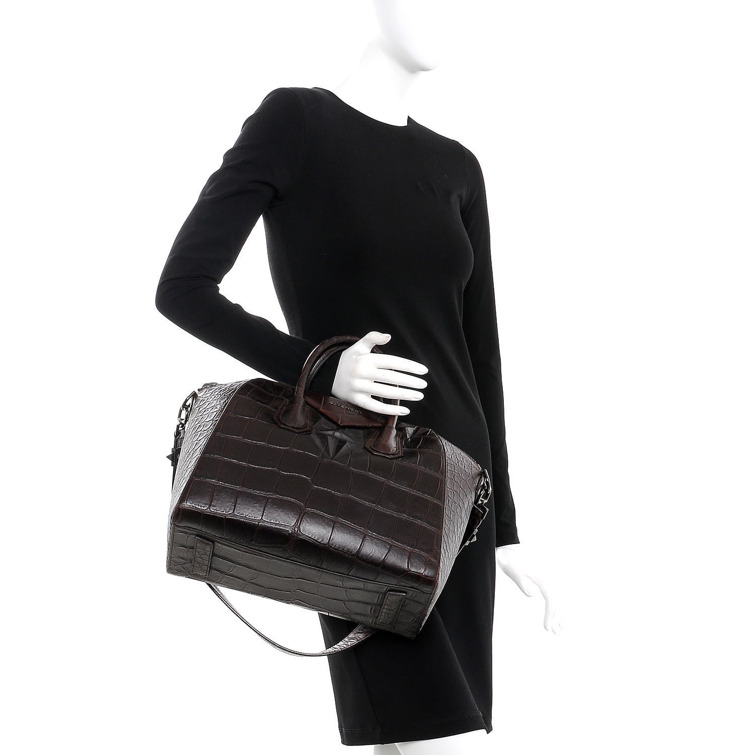 Givenchy Calfskin Crocodile Embossed 3D Stud Medium Antigona Brown 3 of 8
