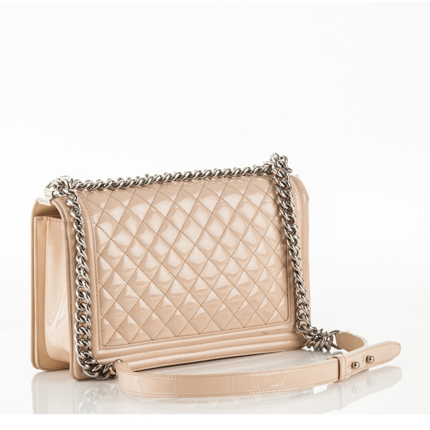 Patent Calfskin New Medium Boy Flap Plexiglass Beige