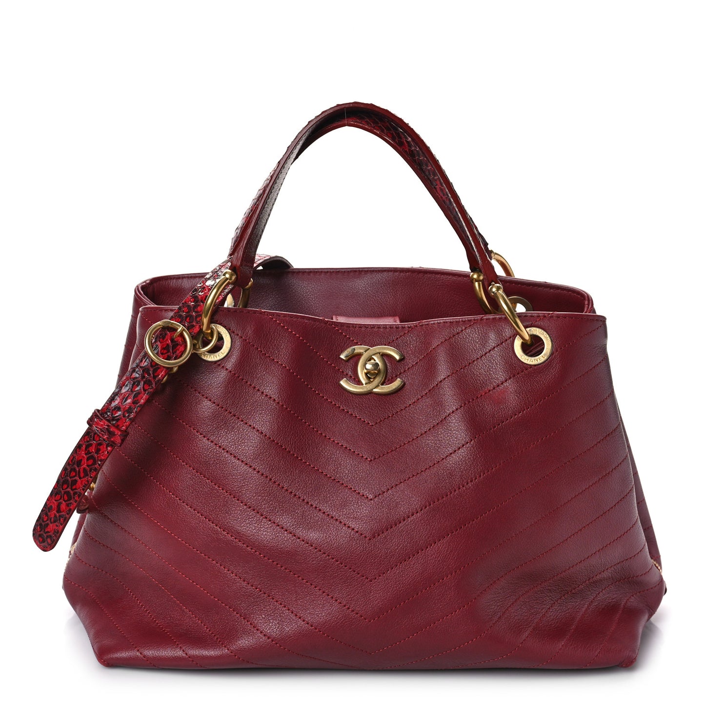 Calfskin Elaphe Stitched Large Chevron Chic Shopping Bag Red