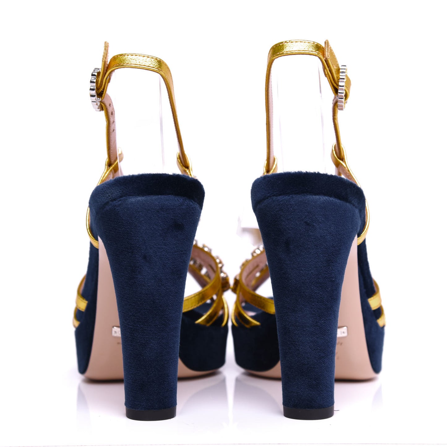 Velvet Nappa Crystal Zephyra Slingback Platform High Heel Sandals 36.5 Blue Gold
