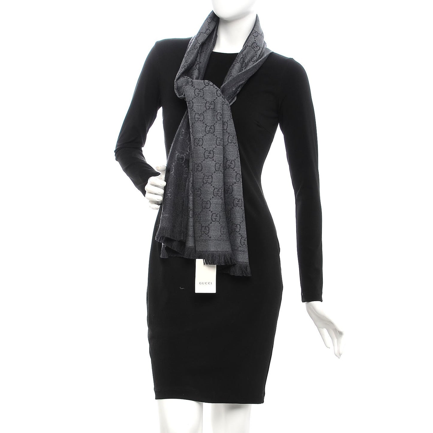 Wool Jacquard GG Monogram Sten Fringe Scarf Anthracite Black