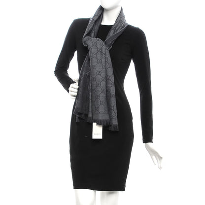 Gucci Wool Jacquard GG Monogram Sten Fringe Scarf Anthracite Black 2 of 7