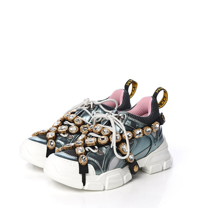 Gucci X SEGA Metallic Calfskin Removable Crystals Womens Flashtrek Sneakers 38 Lago Loess Silver 3 of 10