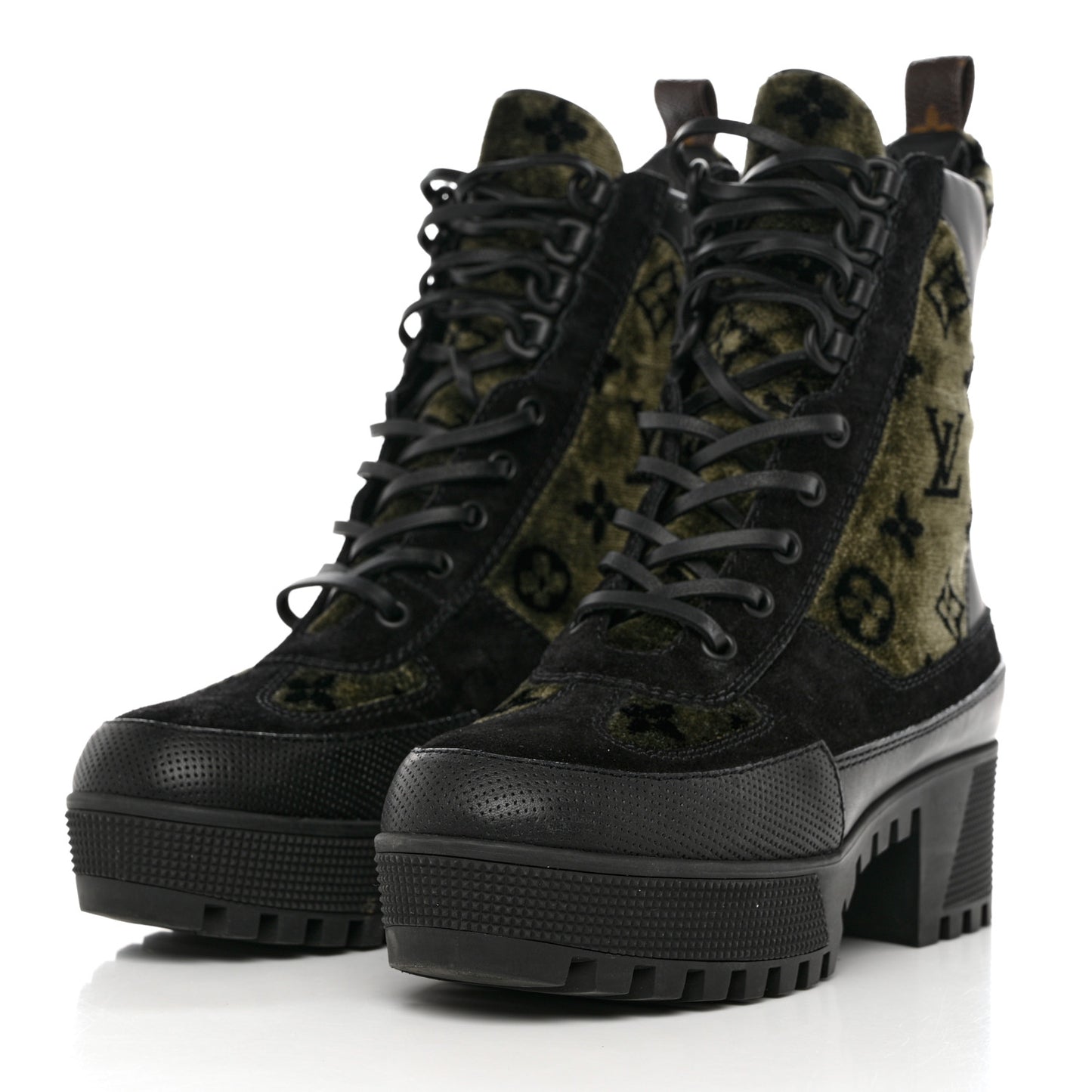 Velvet Calfskin Monogram Laureate Platform Desert Boots 37 Black Green