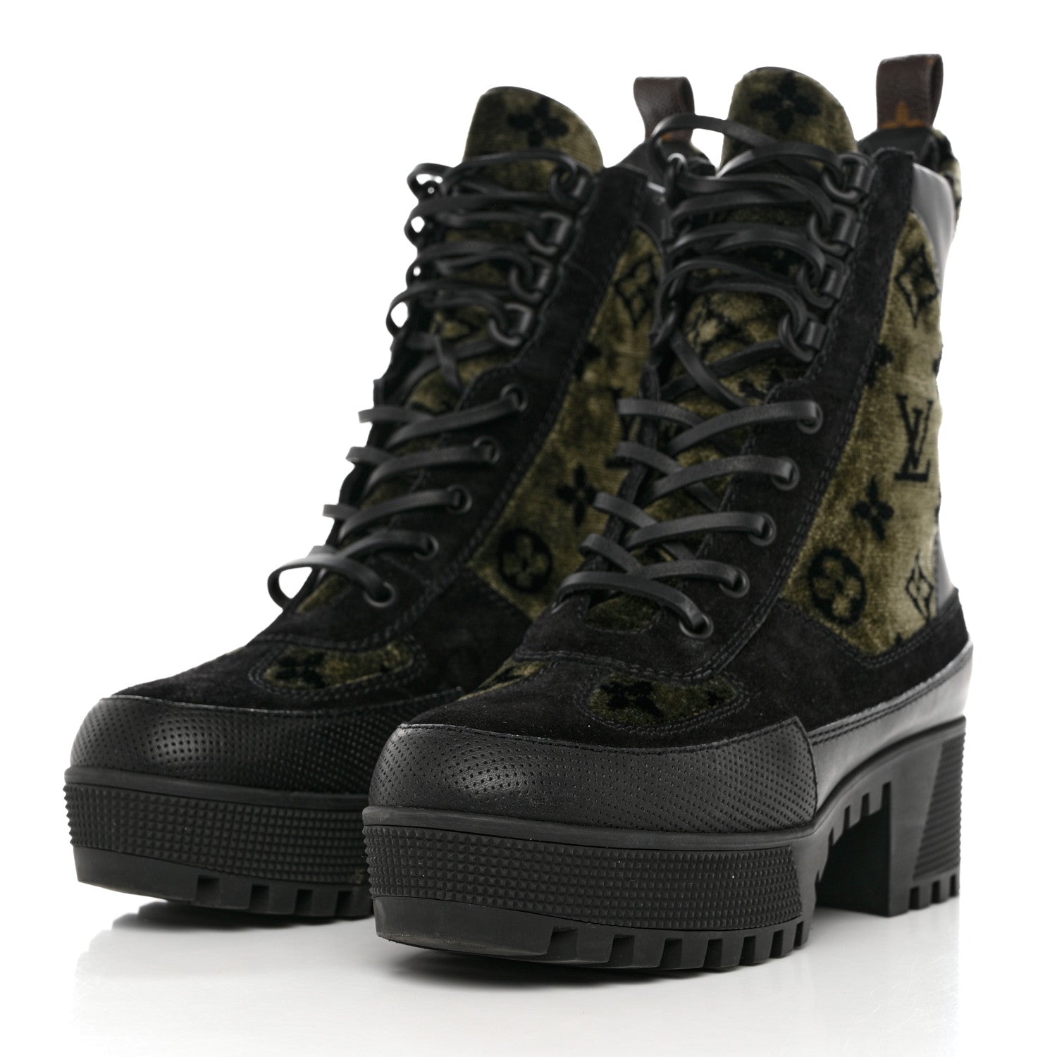 Louis Vuitton Velvet Calfskin Monogram Laureate Platform Desert Boots 37 Black Green 3 of 9