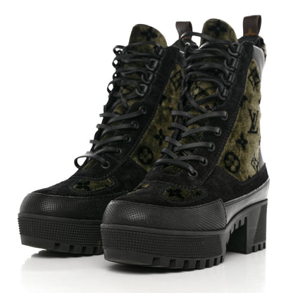 Louis Vuitton Velvet Calfskin Monogram Laureate Platform Desert Boots 37 Black Green 3 of 9