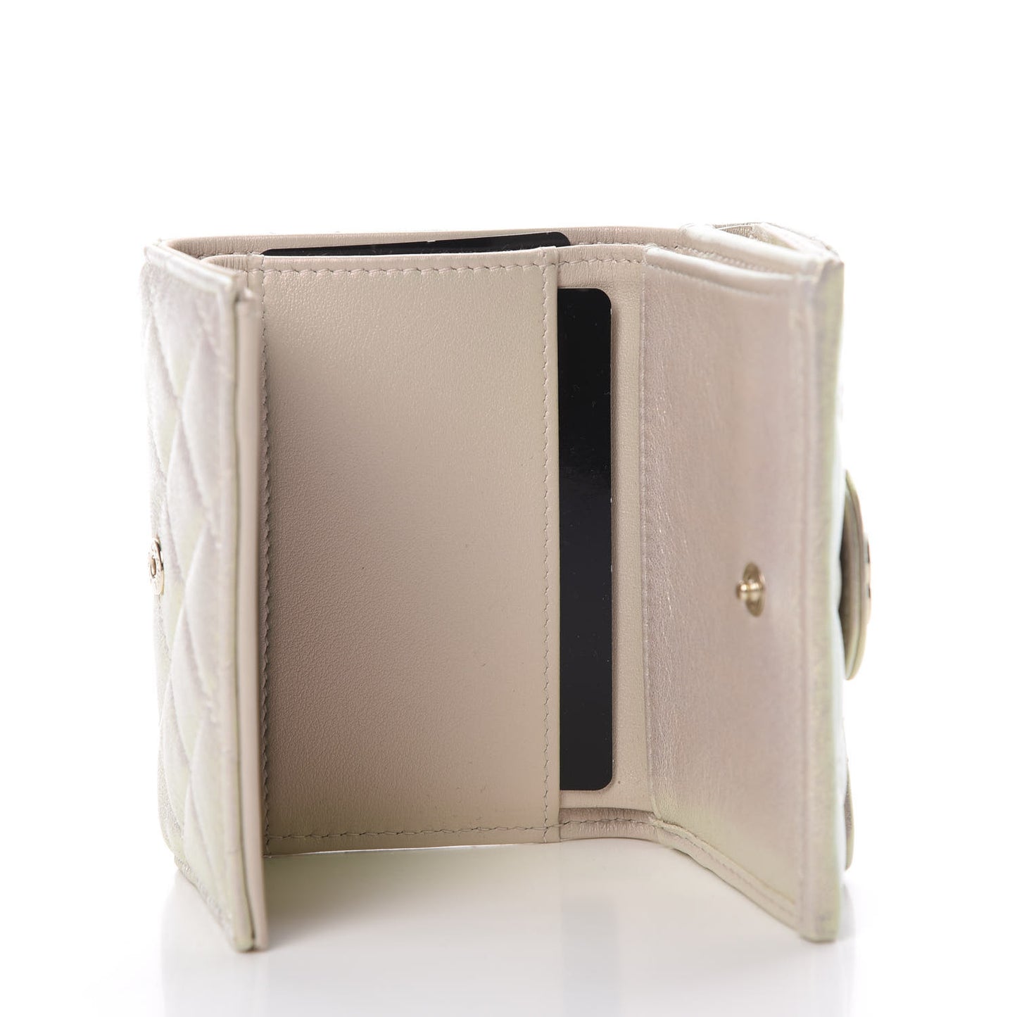 Iridescent Lambskin Quilted Double Flap Wallet Ivory