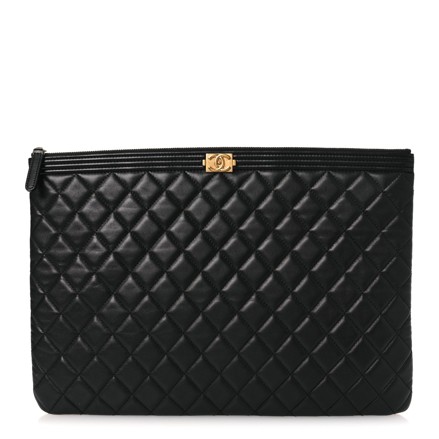 Lambskin Quilted Large Boy Zip Pouch Black