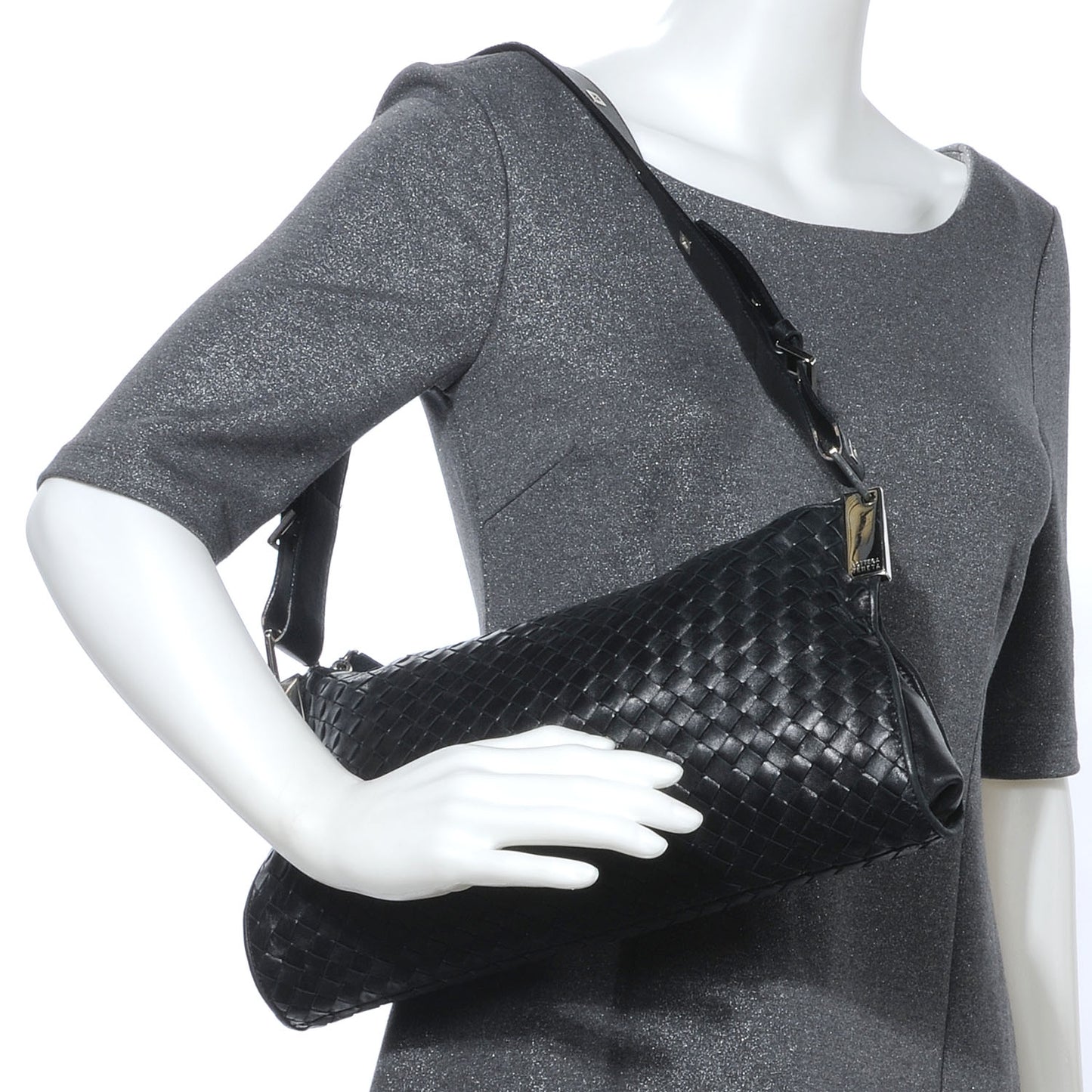 Leather Intrecciato Shoulder Bag Clutch Black