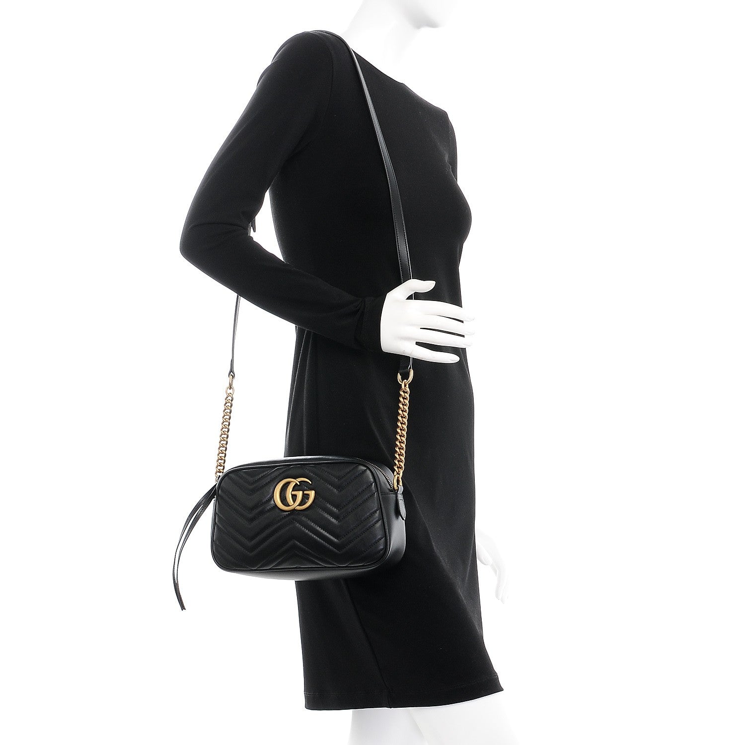 Gucci Calfskin Matelasse Small GG Marmont Chain Shoulder Bag Black 2 of 7