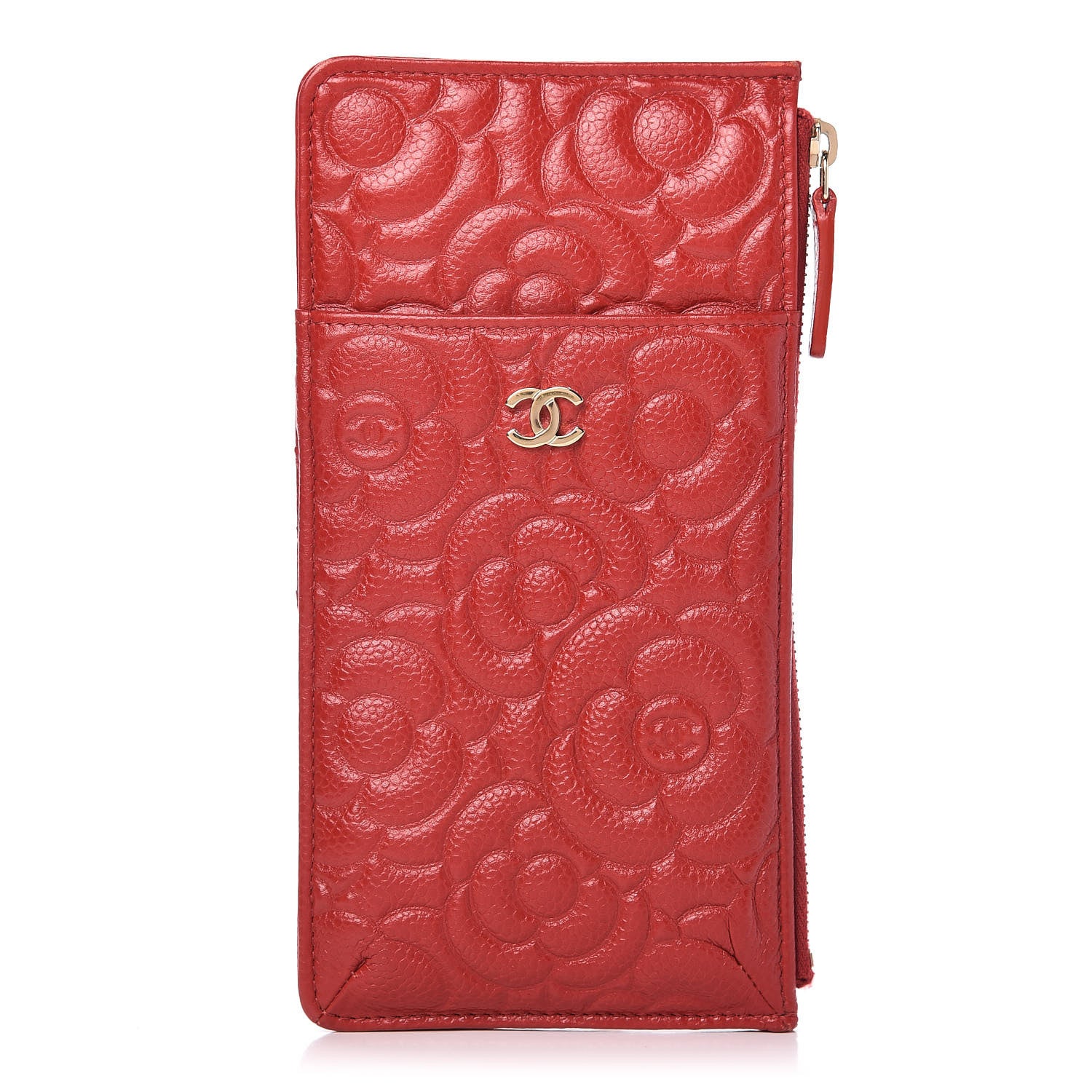 Chanel Caviar Camellia Embossed Classic Flat Wallet Pouch Red 1 of 7