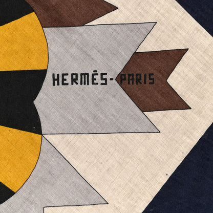 Hermes Cashmere Silk Cheval De Fete Shawl 140 Naturel Marine Moutarde 4 of 6