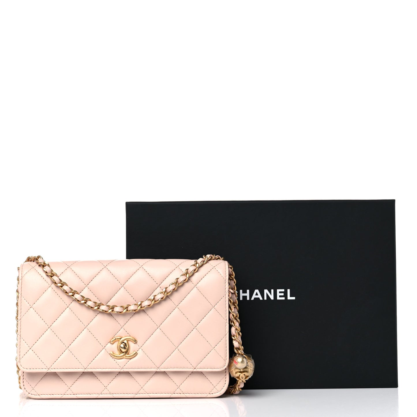 Lambskin Quilted CC Pearl Crush Wallet on Chain WOC Light Beige
