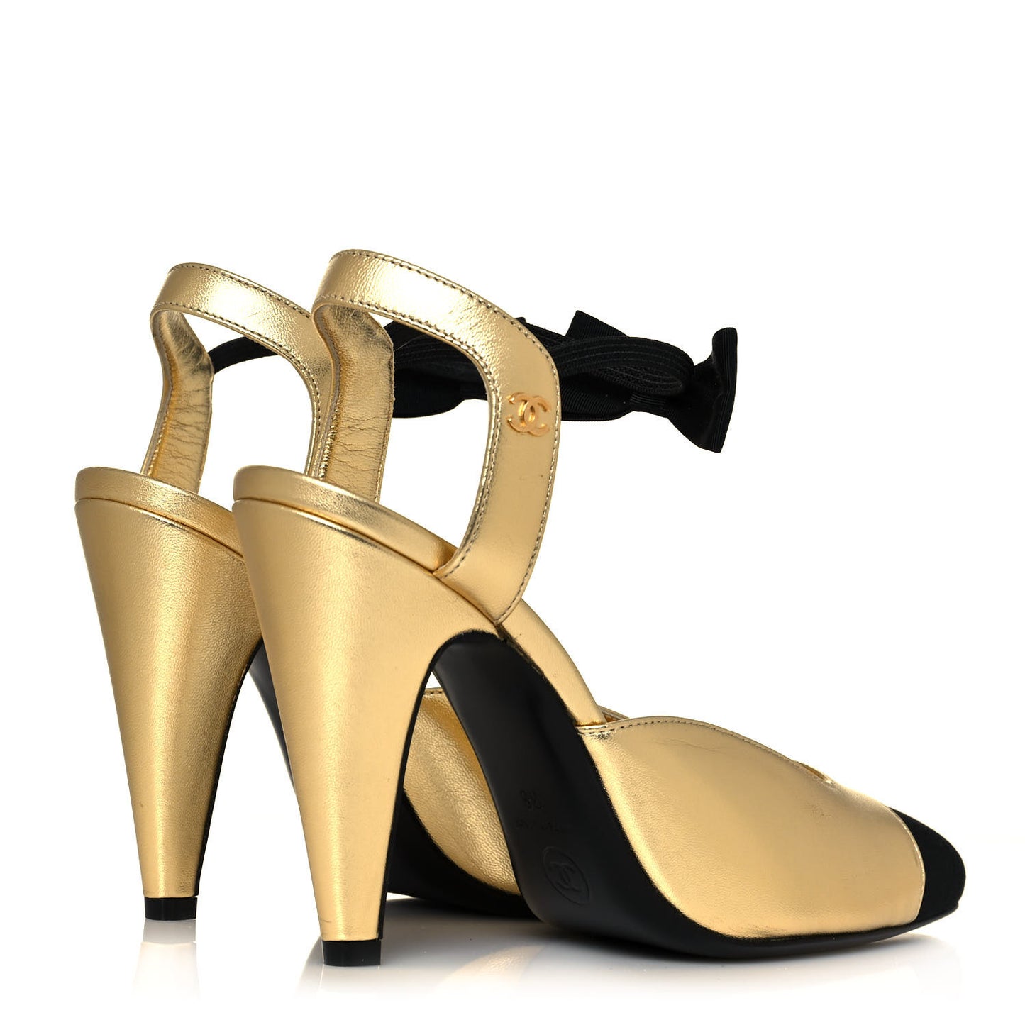 Laminated Lambskin Grosgrain Cap Toe CC Pumps 38 Gold Black