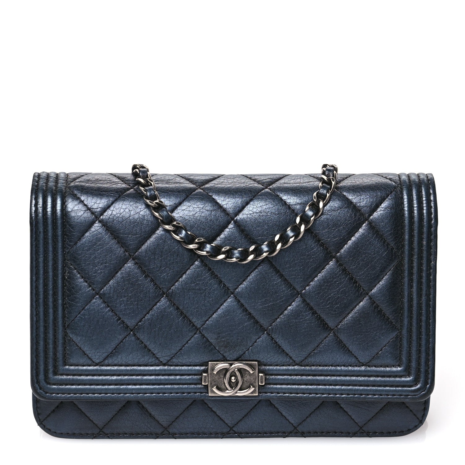 Chanel Metallic Calfskin Quilted Boy Wallet On Chain WOC Navy Blue 1 of 12