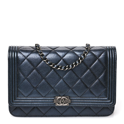 Chanel Metallic Calfskin Quilted Boy Wallet On Chain WOC Navy Blue 1 of 12
