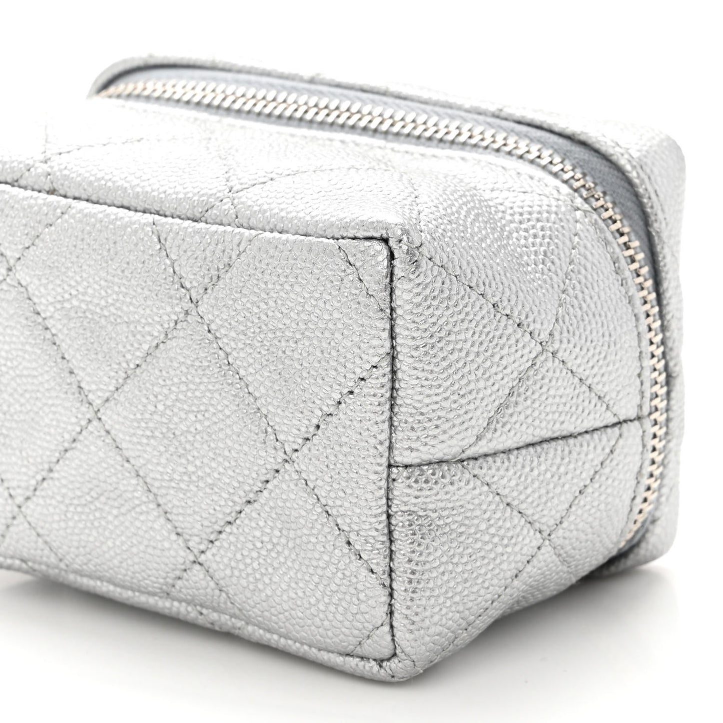 Metallic Caviar Quilted Mini Top Handle Vanity With Chain Silver