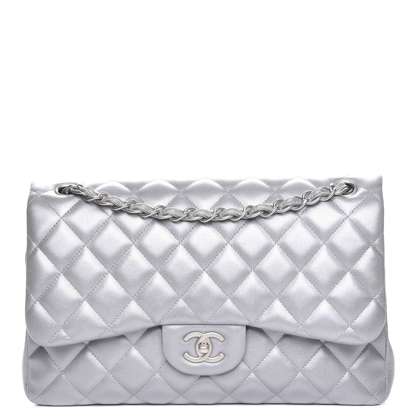 Metallic Lambskin Quilted Jumbo Double Flap Silver