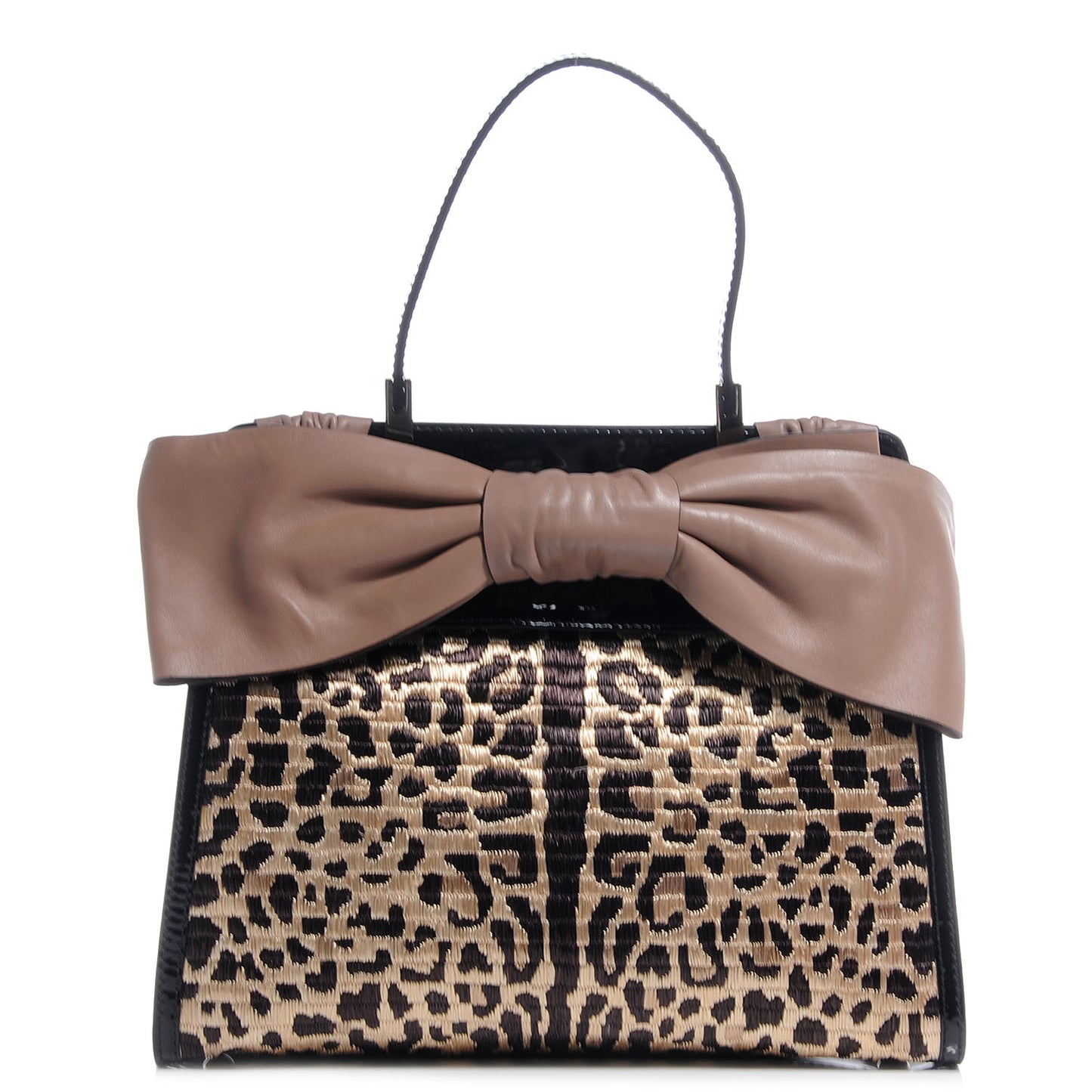 Patent Raffia Leopard Print Medium Aphrodite Bow Satchel Black