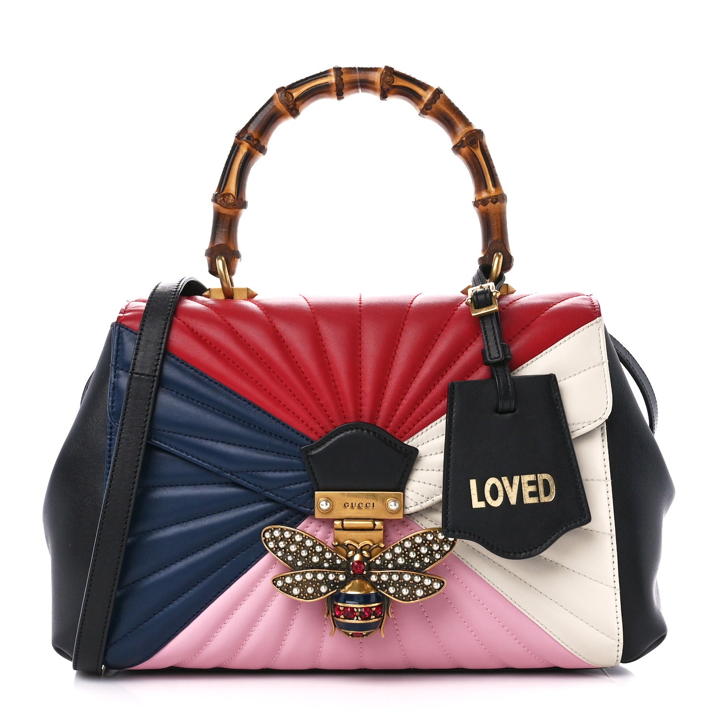 Calfskin Bamboo Trapuntata Queen Margaret Top Handle Bag Blue Agata Hibiscus Red Mystic White Sugar Pink